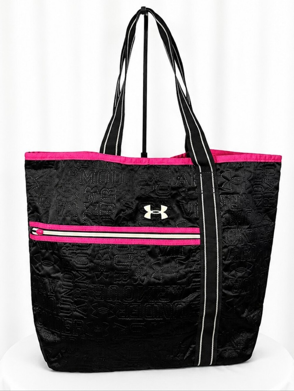 👜💗 Under Armour Black Pink Logo Large Tote Bag Gym Travel Shoulder Bag